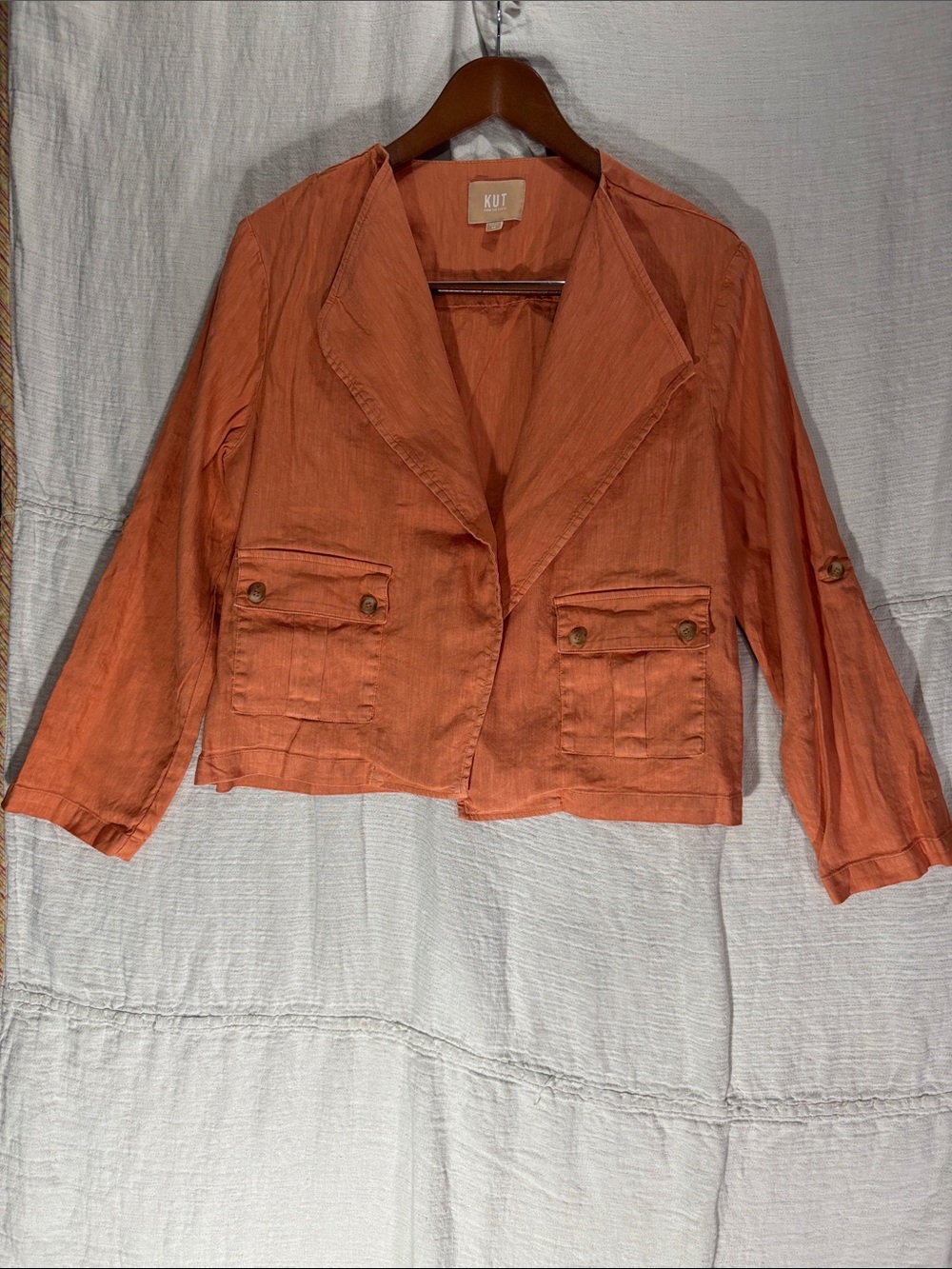 Kut from the Kloth Karie Open Front Linen Blend Shawl Jacket Sunkist Orange M